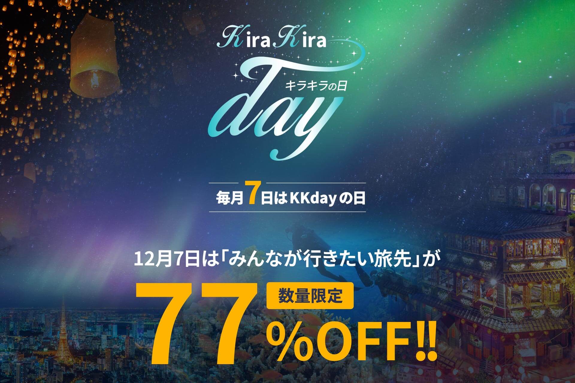 12/7のKKdayキラキラの日はみんなが行きたい旅先が最大77%OFF！約25％が予算不足で行きたいけど行けない旅先があることが判明